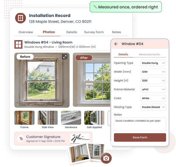 Custom window survey form with measurements on mobile